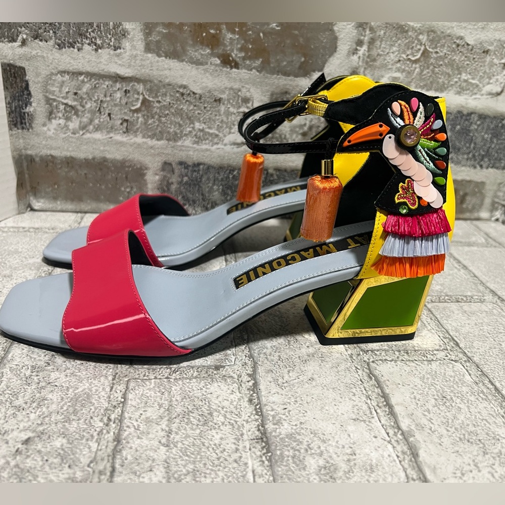 MARCONE Colorblock Embellished Block Heel Sandals in Pink & Yellow